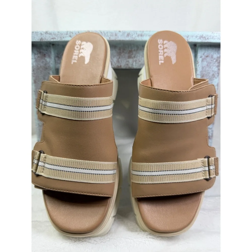 Sorel Womens Joanie III Wedge Slide Sandal Brown / Tan Leather Size 9.5‎